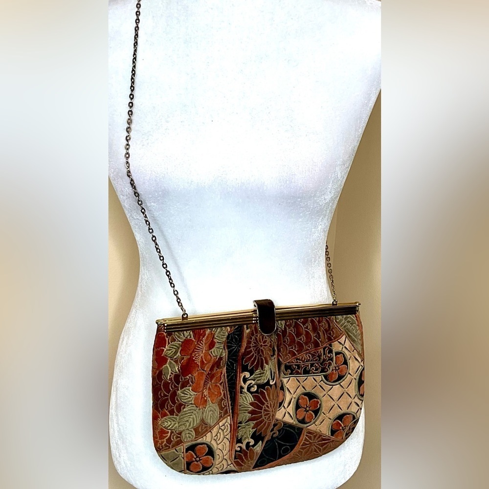Vtg 70's tapestry Brown Sage Rust Tan  VELVET Fall BOHO lined purse Clutch EUC